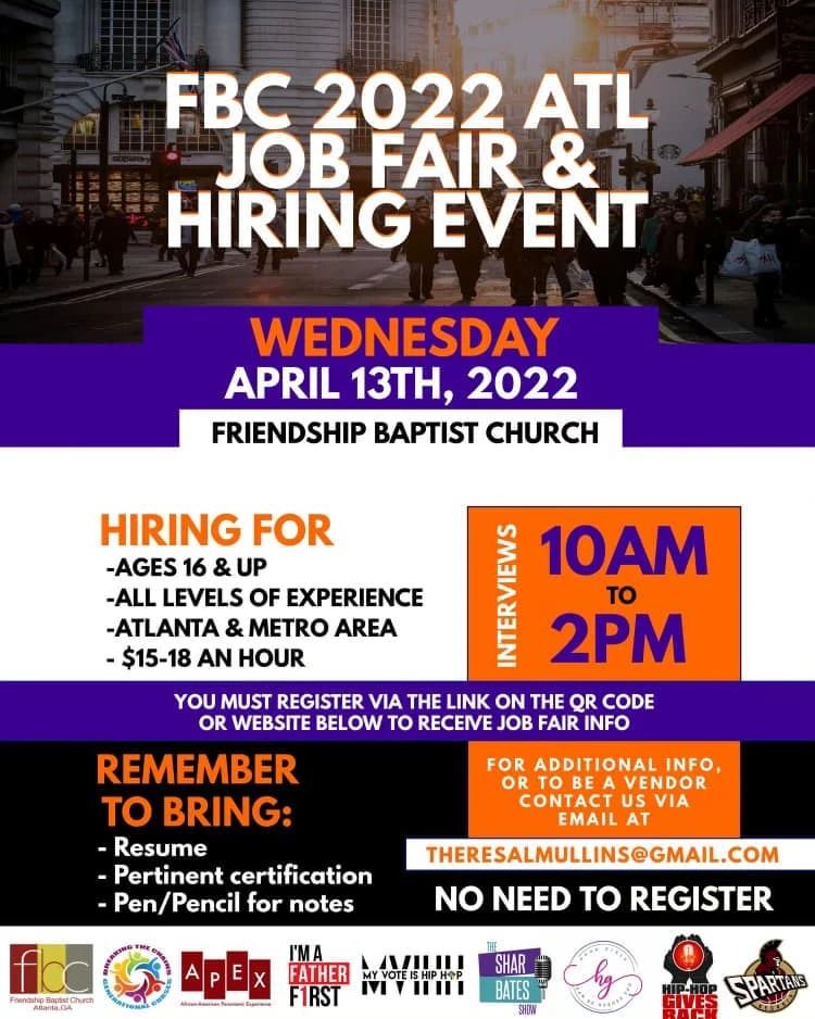 Mark your calendars 2022 Job Fair this Wednesday,  April 13th, 2022 at Friendship Baptist Church!